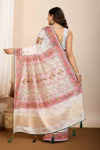 White printed woven cotton silk kalamkari saree with blouse