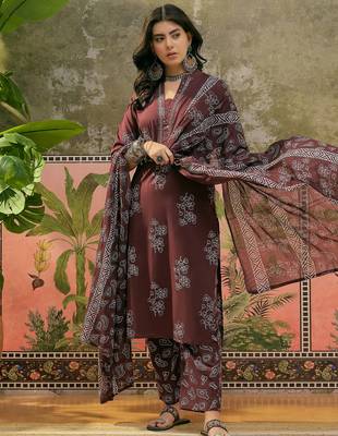 Chocolate brown printed kurta with trousers & dupatta set 3