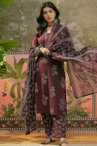 Chocolate brown printed kurta with trousers & dupatta set