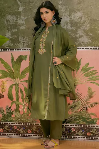 Mehndi green printed kurta with trousers & dupatta set