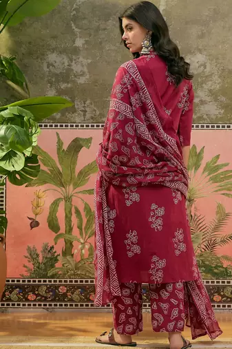 Maroon printed kurta with trousers & dupatta set