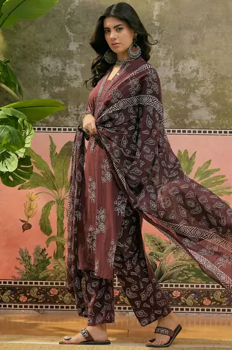 Chocolate brown printed kurta with trousers & dupatta set