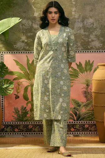 Green  printed kurta with trousers & dupatta set