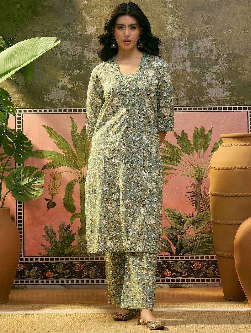 Green  printed kurta with trousers & dupatta set