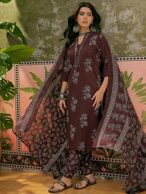 Chocolate brown printed kurta with trousers & dupatta set 5