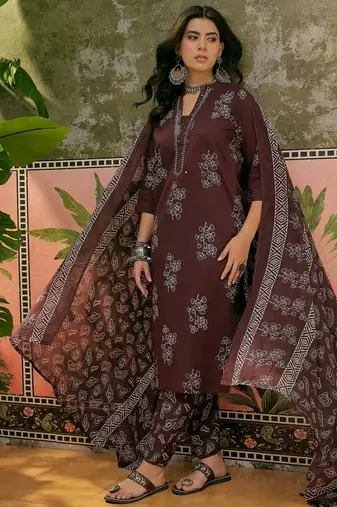 Chocolate brown printed kurta with trousers & dupatta set