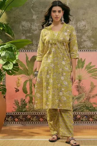 Mustard printed kurta with trousers & dupatta set