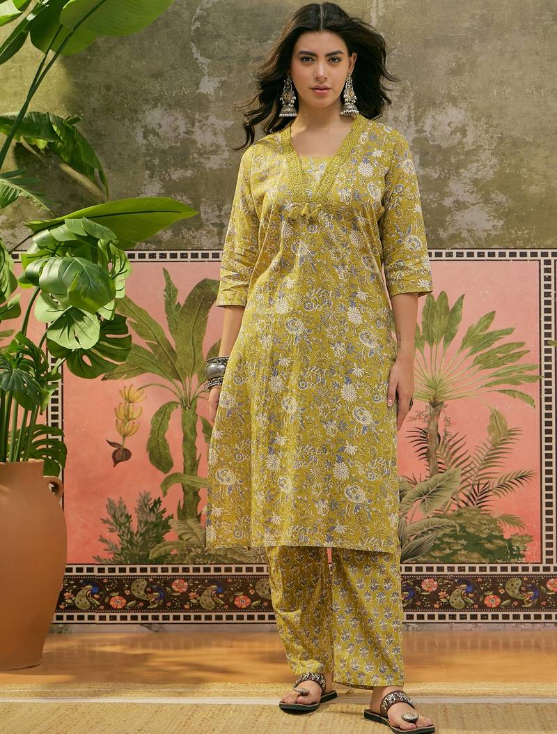 Mustard printed kurta with trousers & dupatta set