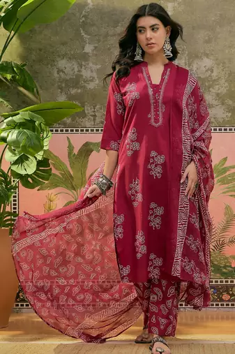 Maroon printed kurta with trousers & dupatta set