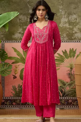 Pink printed kurta with trousers & dupatta set
