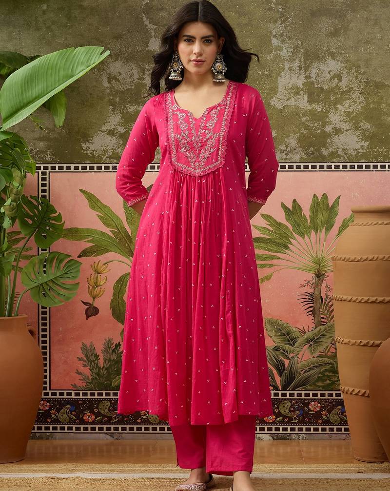 Pink printed kurta with trousers & dupatta set