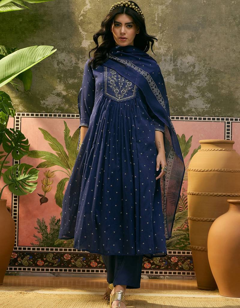Blue  printed kurta with trousers & dupatta set