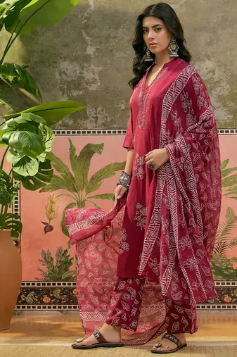 Maroon printed kurta with trousers & dupatta set