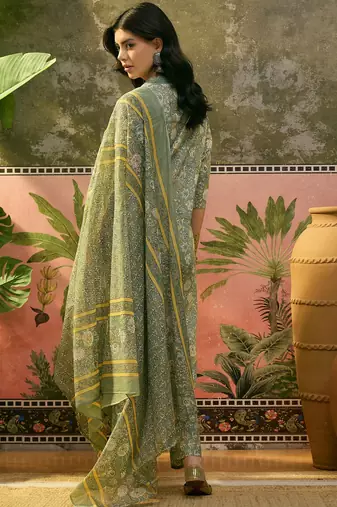 Green  printed kurta with trousers & dupatta set