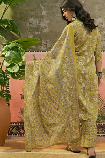 Mustard printed kurta with trousers & dupatta set