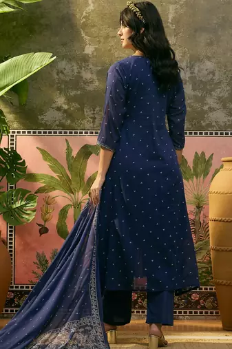 Blue  printed kurta with trousers & dupatta set