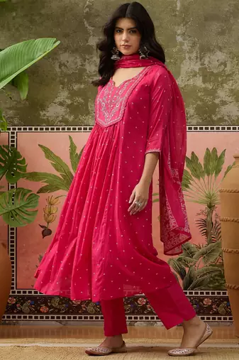 Pink printed kurta with trousers & dupatta set
