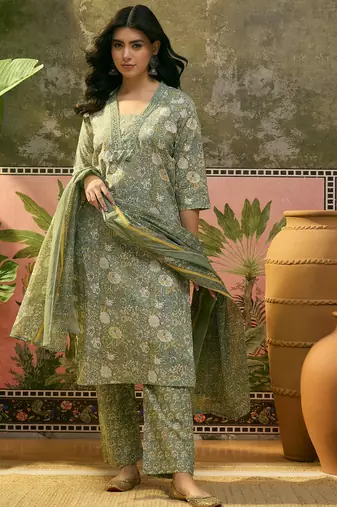 Green  printed kurta with trousers & dupatta set