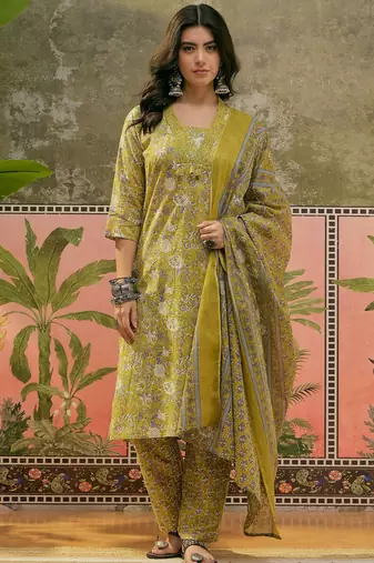 Mustard printed kurta with trousers & dupatta set