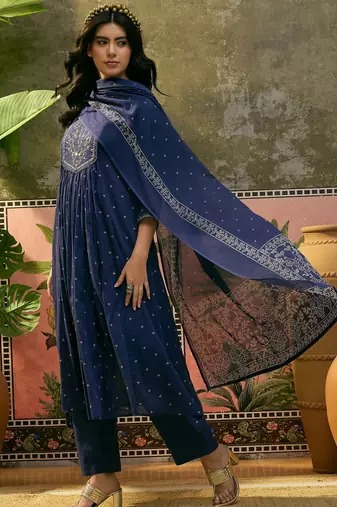 Blue  printed kurta with trousers & dupatta set