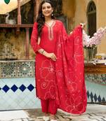 Red floral printed kurta with trousers & dupatta set