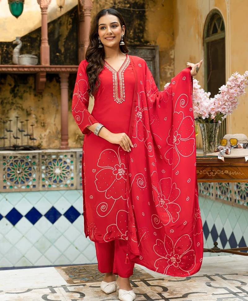 Red floral printed kurta with trousers & dupatta set