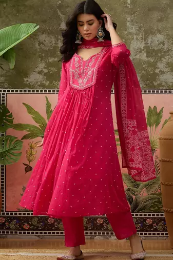 Pink printed kurta with trousers & dupatta set