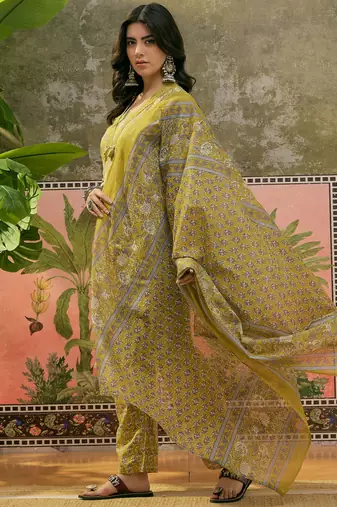 Mustard printed kurta with trousers & dupatta set