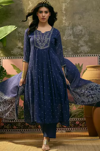 Blue  printed kurta with trousers & dupatta set