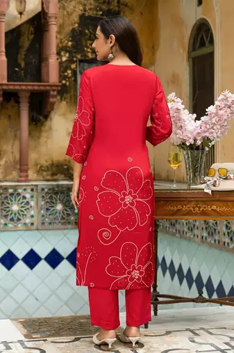Red floral printed kurta with trousers & dupatta set