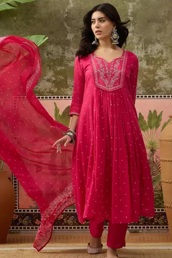 Pink printed kurta with trousers & dupatta set