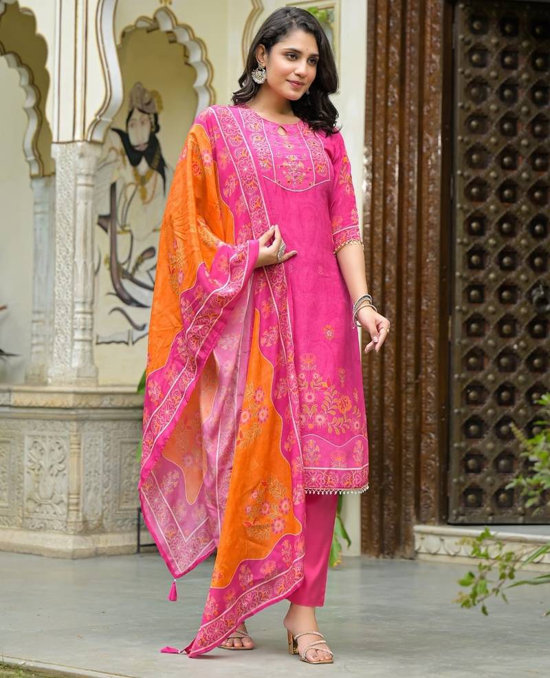 Peach floral printed kurta with trousers & dupatta set