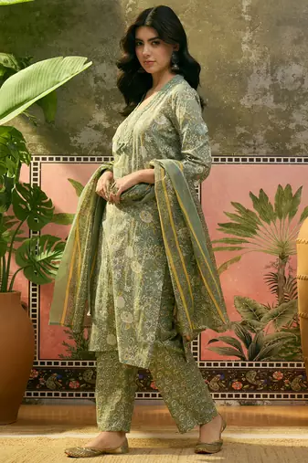 Green  printed kurta with trousers & dupatta set