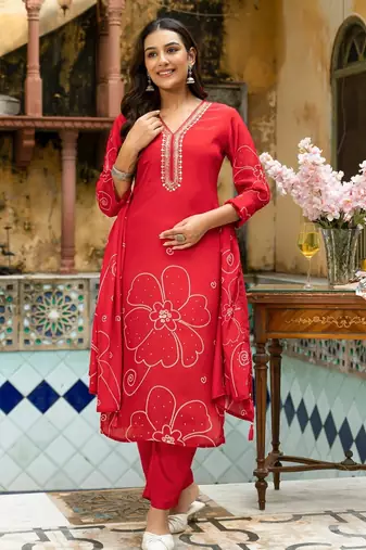 Red floral printed kurta with trousers & dupatta set