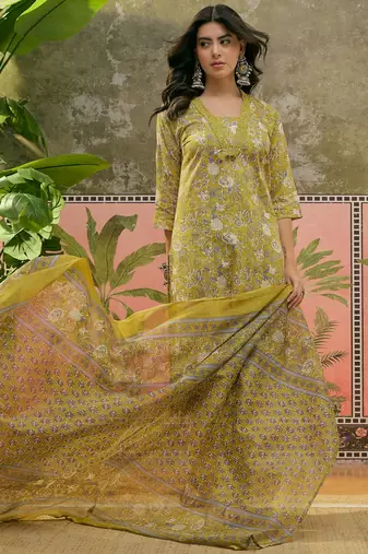 Mustard printed kurta with trousers & dupatta set