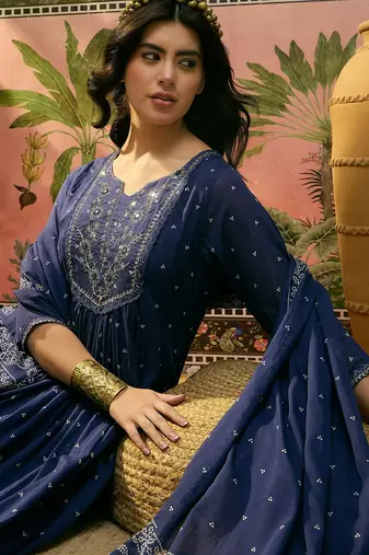 Blue  printed kurta with trousers & dupatta set