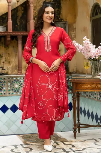 Red floral printed kurta with trousers & dupatta set