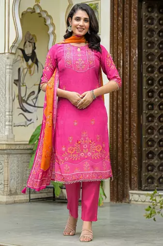 Peach floral printed kurta with trousers & dupatta set