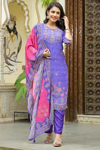 Lavender & purple floral printed kurta with trousers & dupatta set
