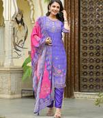 Lavender & purple floral printed kurta with trousers & dupatta set