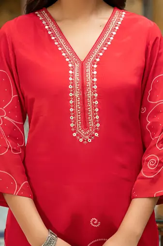 Red floral printed kurta with trousers & dupatta set