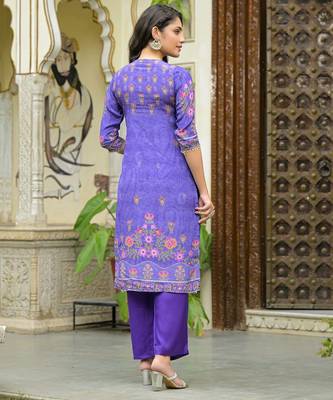 Lavender & purple floral printed kurta with trousers & dupatta set 2