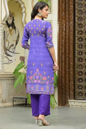 Lavender & purple floral printed kurta with trousers & dupatta set