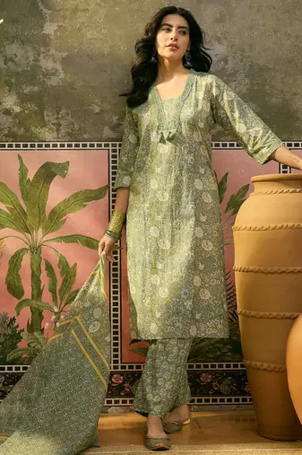 Green  printed kurta with trousers & dupatta set