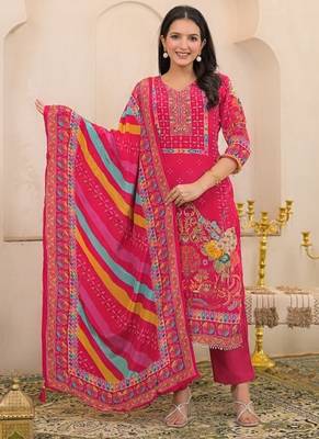 Pink floral printed kurta with trousers & dupatta set 1