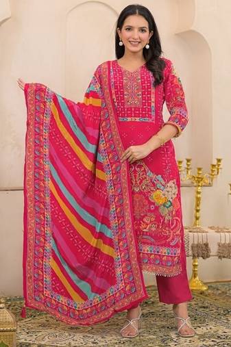 Pink floral printed kurta with trousers & dupatta set