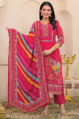 Pink floral printed kurta with trousers & dupatta set