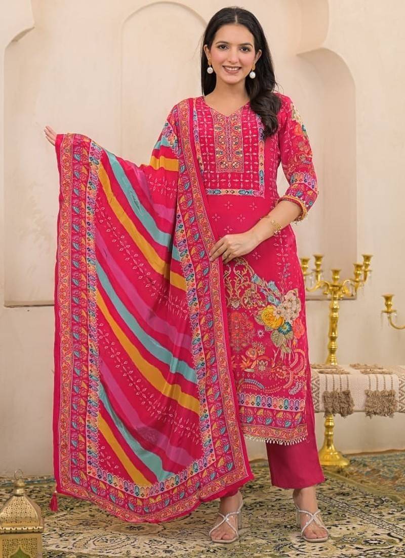 Pink floral printed kurta with trousers & dupatta set