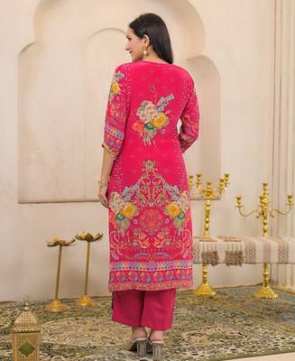 Pink floral printed kurta with trousers & dupatta set 2