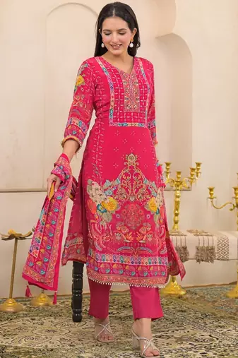 Pink floral printed kurta with trousers & dupatta set